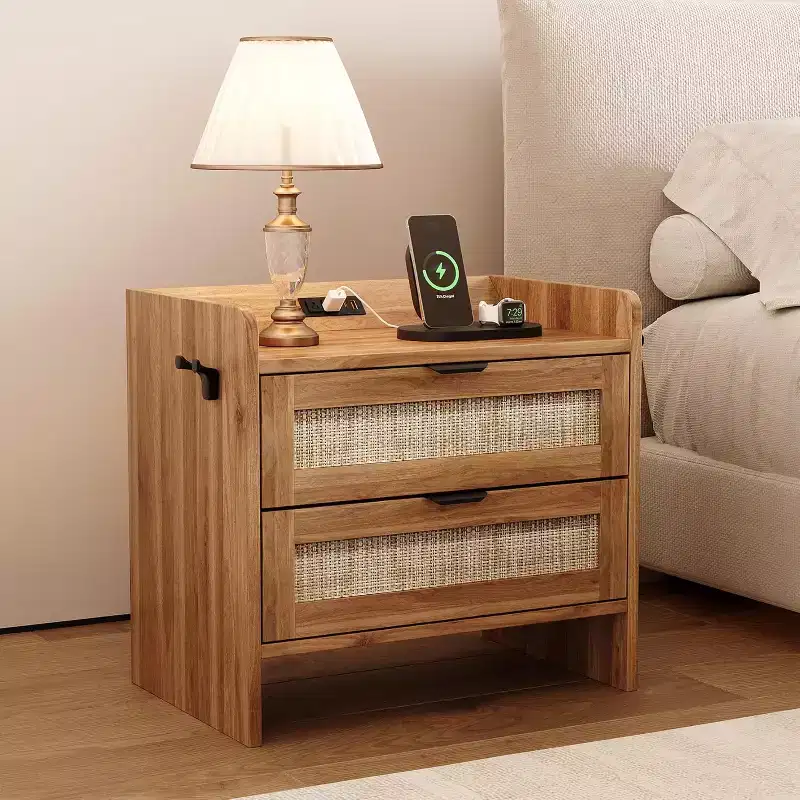 Rattan Nightstand, Bedside Table with 2 Storage Drawer Space, Boho End Table Side Table for Bedroom Living Room Office, Large Night Stand