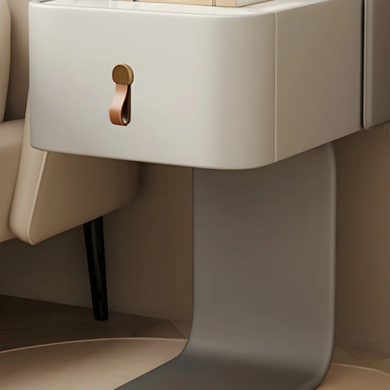 Khaki Stone Top Wood C-Shaped Nightstand with Drawer