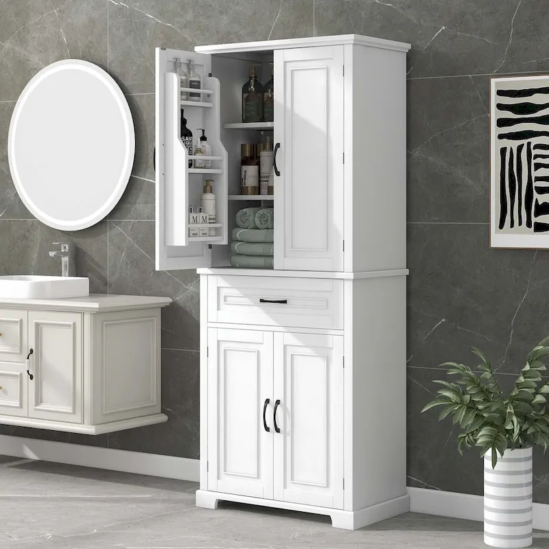 Tall Bathroom Storage Cabinet with Drawers and Adjustable Shelf