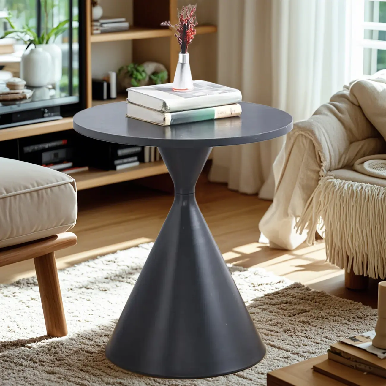 Modern Minimalist  Round Coffee Table Set with Wooden Top