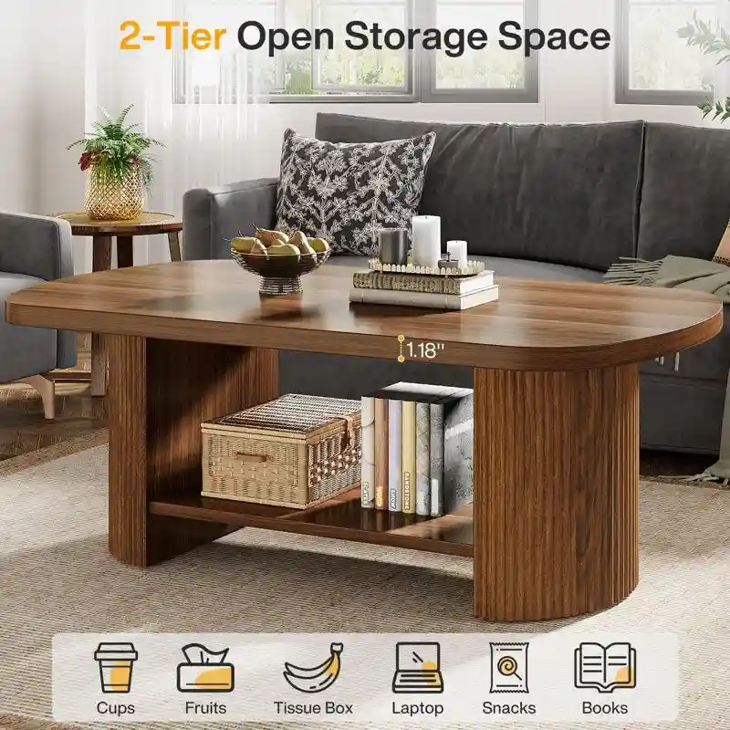 45.2 Inch Wood Coffee Table, Center Table with 2 Tier Shelves