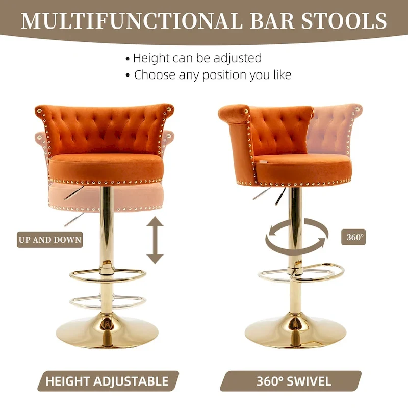 Velvet Upholstered Tufted Nailheads Swivel Adjustable Height Bar Stools With Golden Footrest(set of 2)