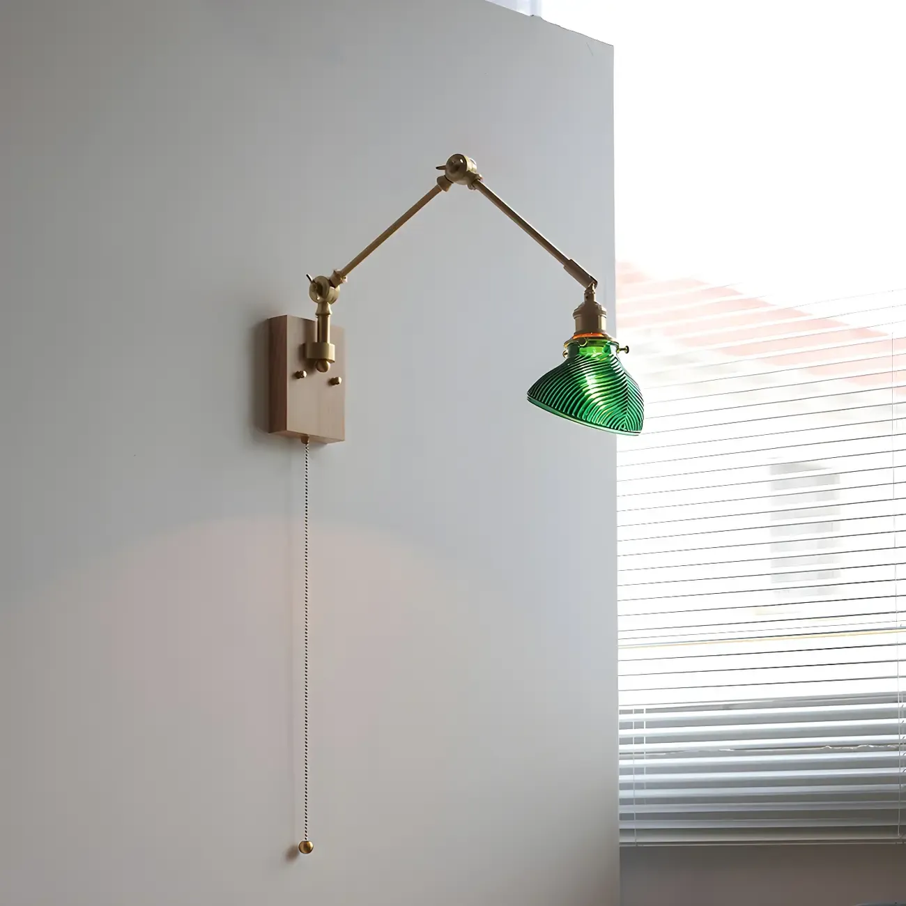 Vintage Brass Swing Arm Carved Glass Shade Wall Light