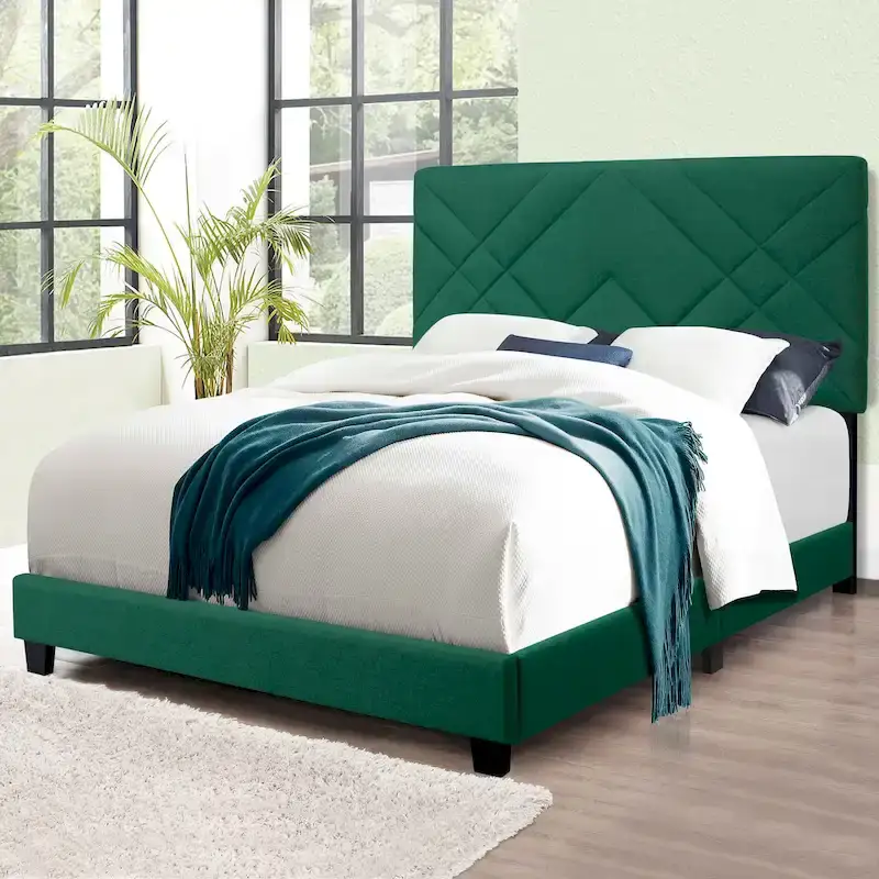 Green Queen Size Adjustable Velvet Platform Bed with Upholstered Headboard