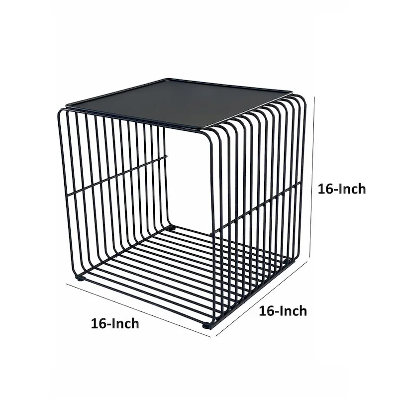 16-Inch Side Table with Waterfall-Style Black Metal Wireframe