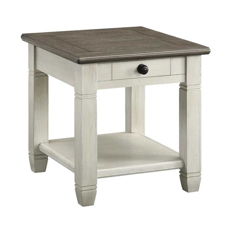 Rome 26 Inch Side End Table, Square, 1 Drawer, Brown, White, Solid Wood