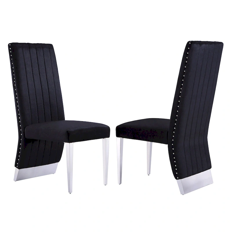 Modern Channel High Back Dining Chairs with Nailhead Trims and Polished Metal Legs