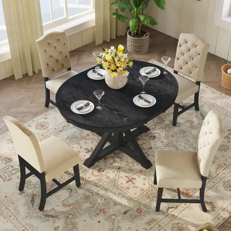 5 Pcs Wooden Round Dining Table Set, Kitchen Dining Table Chair Set with Extendable Table and 4 Upholstered Chairs