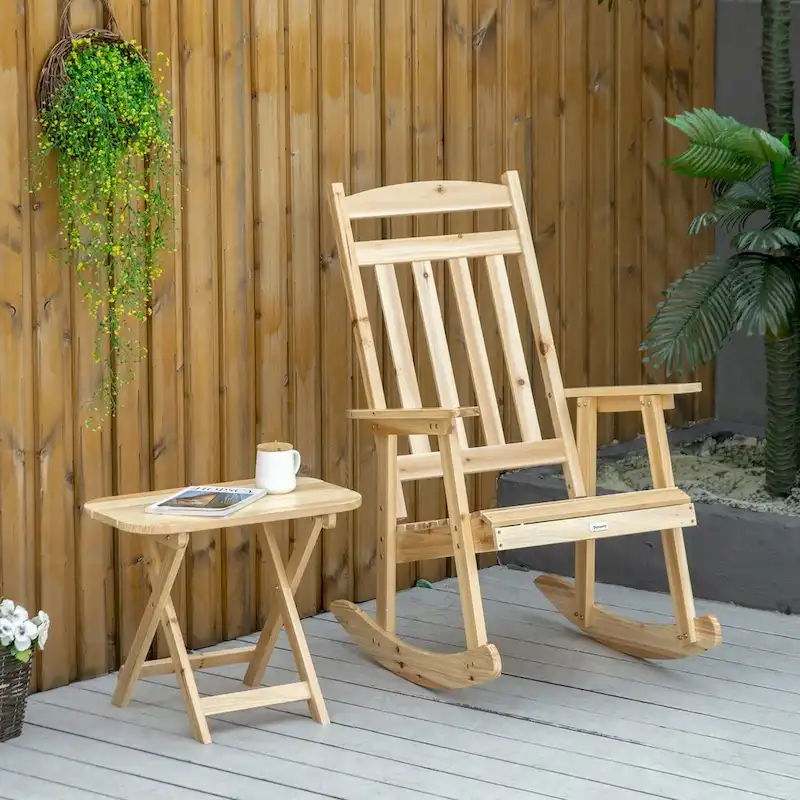 Outdoor 2 Pieces Bistro Set,Wooden Rocking Chair Set with Rocking Chair and Portable Side Table