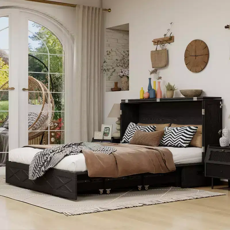 Keloyid Haimyy Solid Wood Frame Queen Murphy Bed Chest with Built-in Charger and Strong Drawer