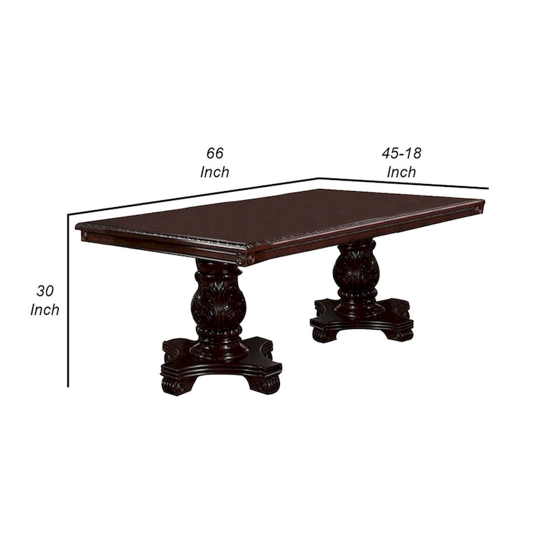 66 Inch Dining Table, Extension Leaf, Twin Pedestal Base, Cherry Oak Brown