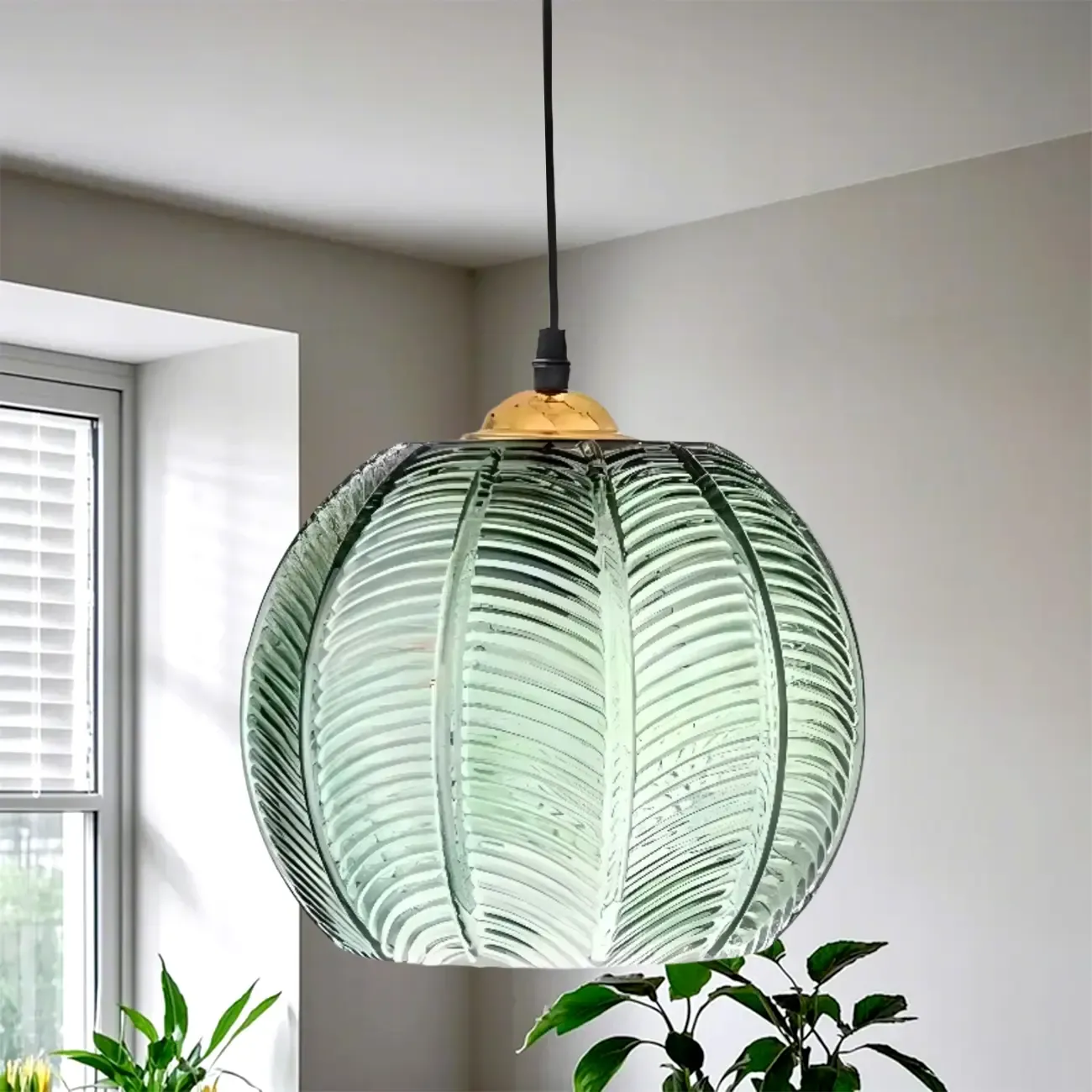 Modern Green Glass Leaf-Inspired Globe Pendant Light