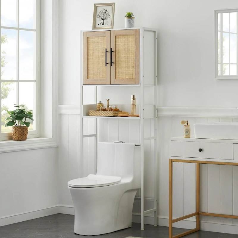 Over The Toilet Storage Cabinet with Rattan Door