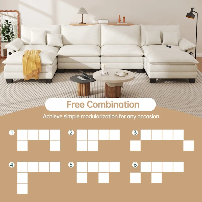 144 Modular Compression Sofa Set Convertible Sectional Sleeper Couch with 2 Ottomans