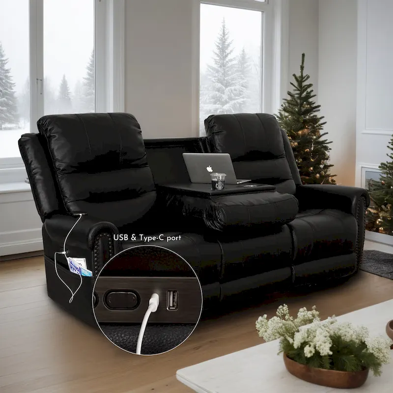 Genuine Leather Black Power Recliner Sofa, Loveseat, Recliner With Adjustable Headrest and Extendable Footrest