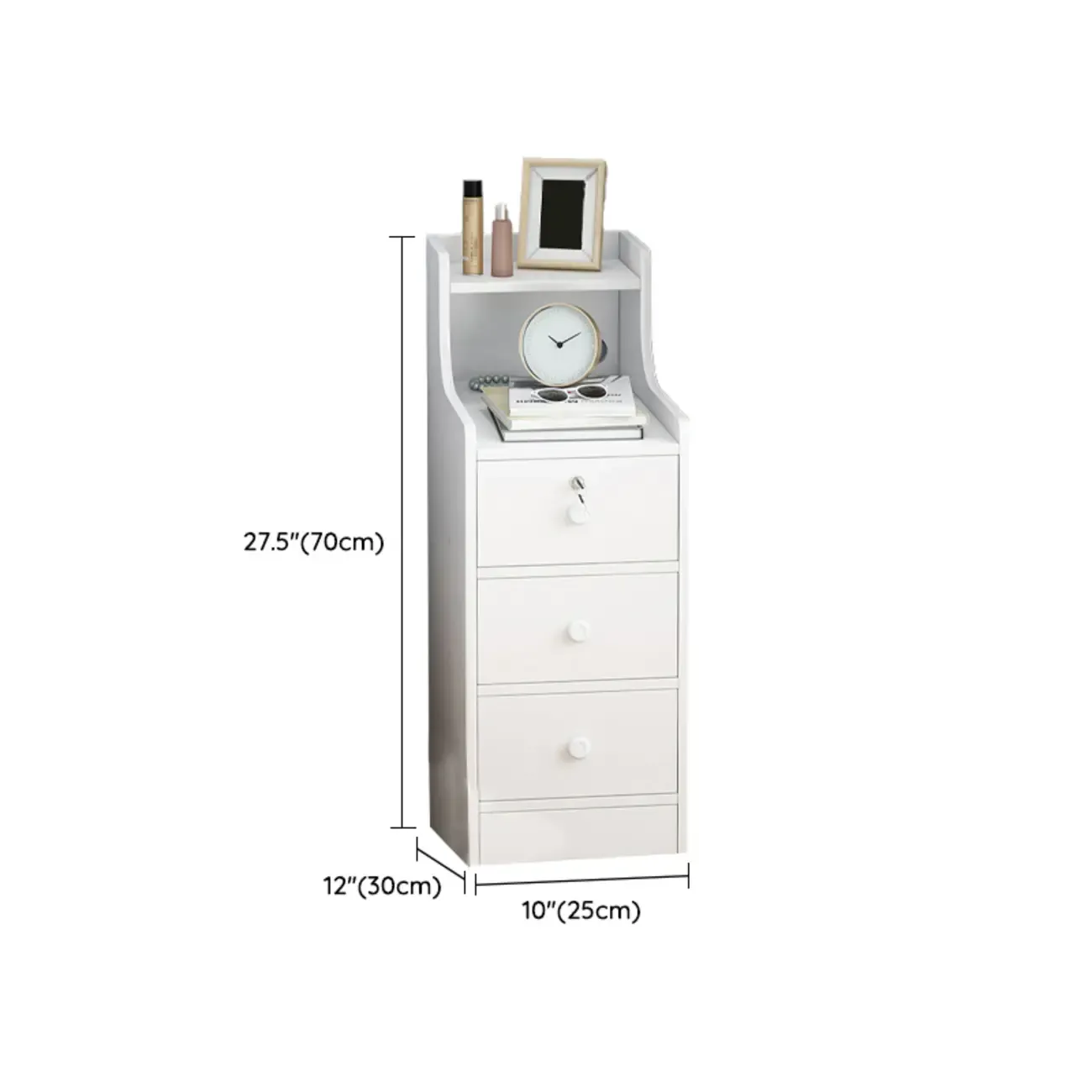 Narrow White Wood Nightstand with Drawers & Shelf
