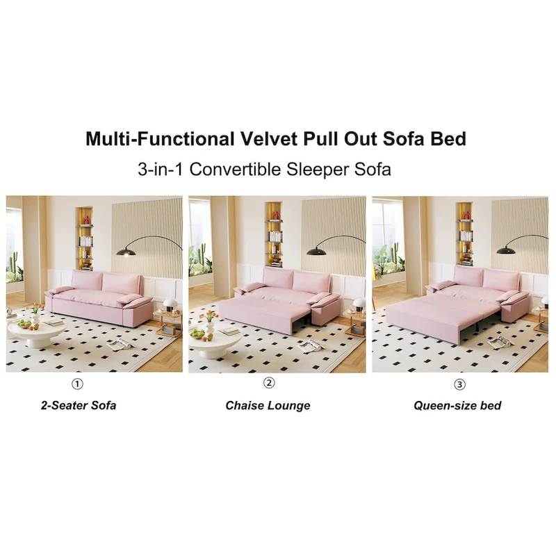70.1 3-in-1 Convertible Queen Pull Out Sofa Bed with 2 Soft Pillows