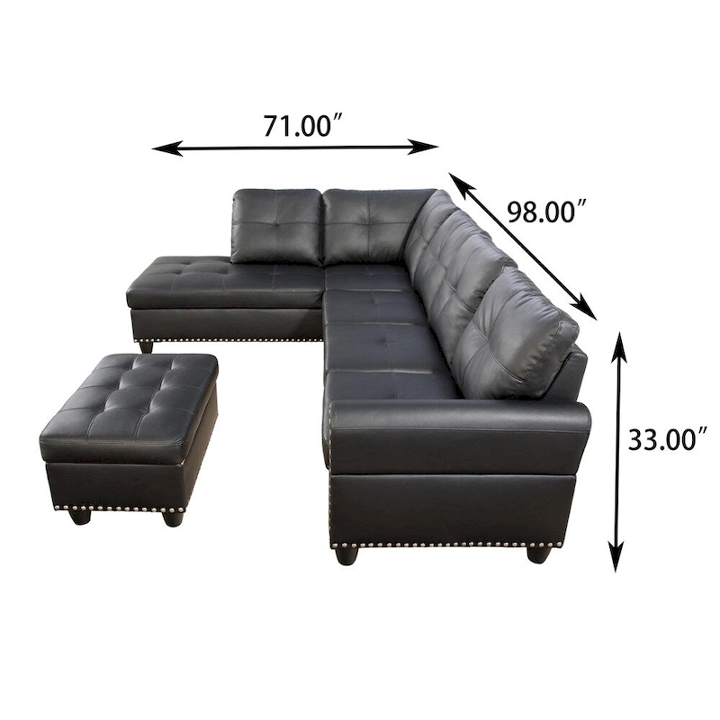 L-shaped Faux Leather Sectional Sofa with Ottoman and Pillows