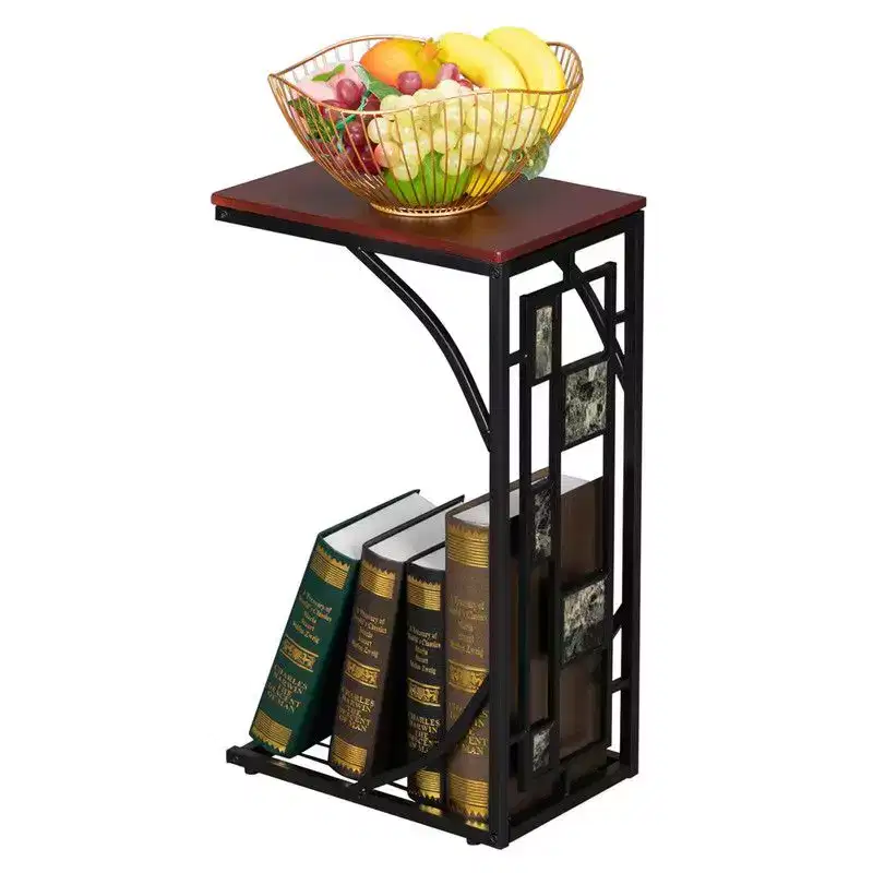 Disassembled and Assembled Single-layer C-shaped Table with Brown Density Board Tabletop, Black Powder-coated Iron Frame, Gravel Pattern Side Table
