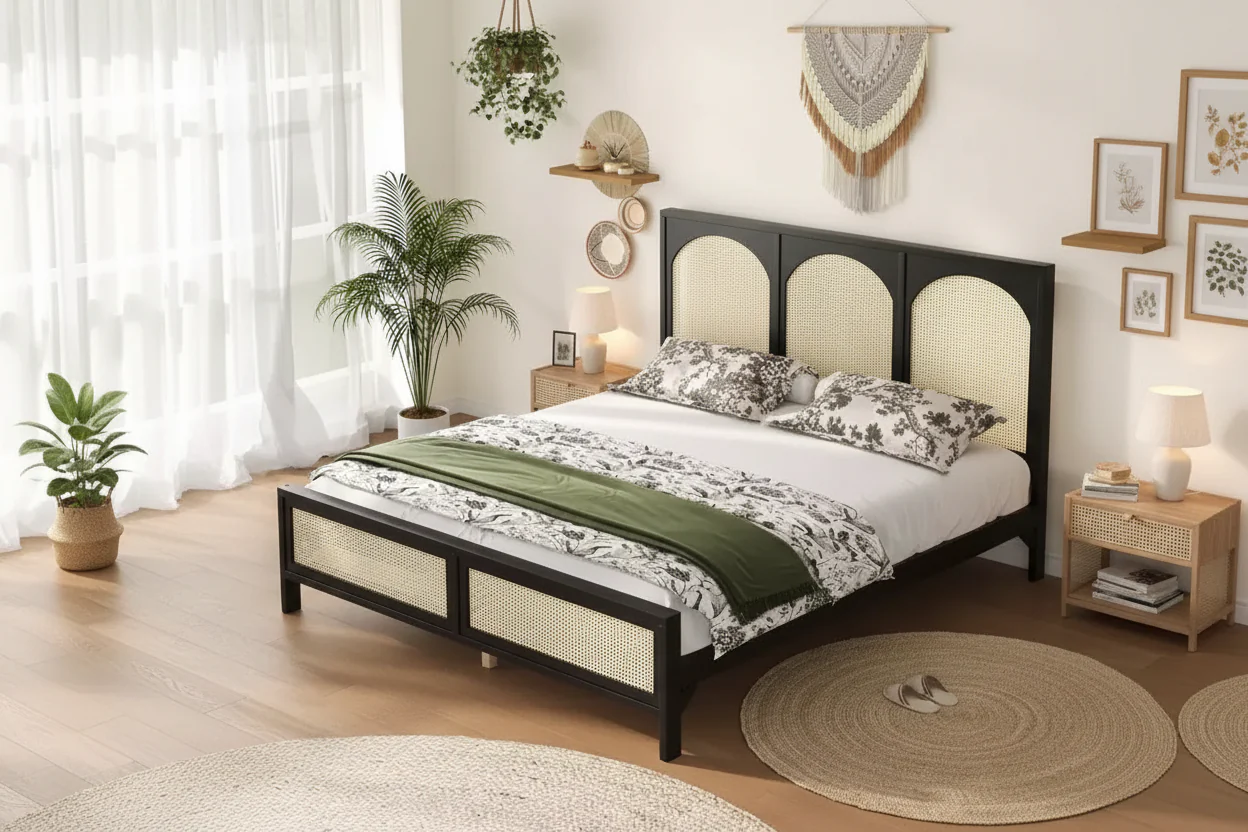 Queen Size Wood Platform Bed Frame with Rattan Headboard and Footboard, Sturdy Construction
