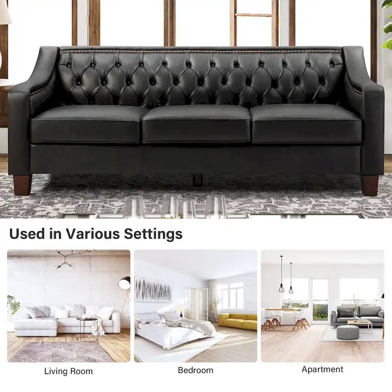 Mateo 82.28 Wide Transitional Genuine Leather Sofa with Nailhead Trim and Button-Tufted Back