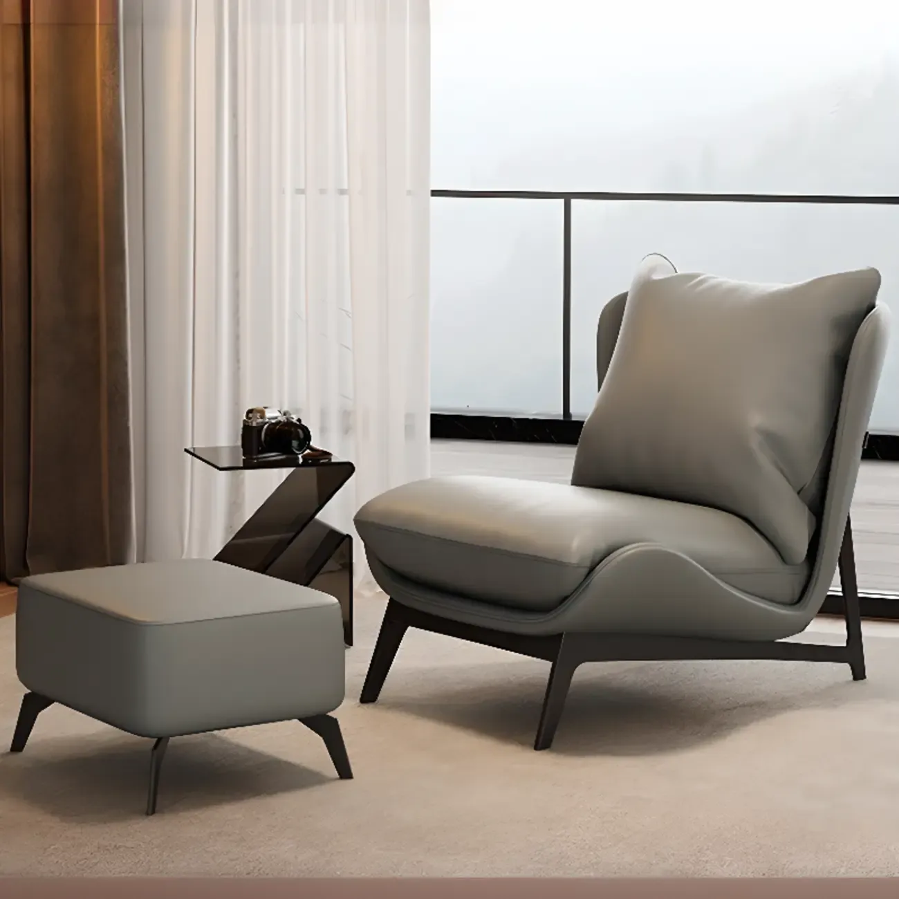 Modern Cat-Resistant Leather Accent Chair with Ottoman