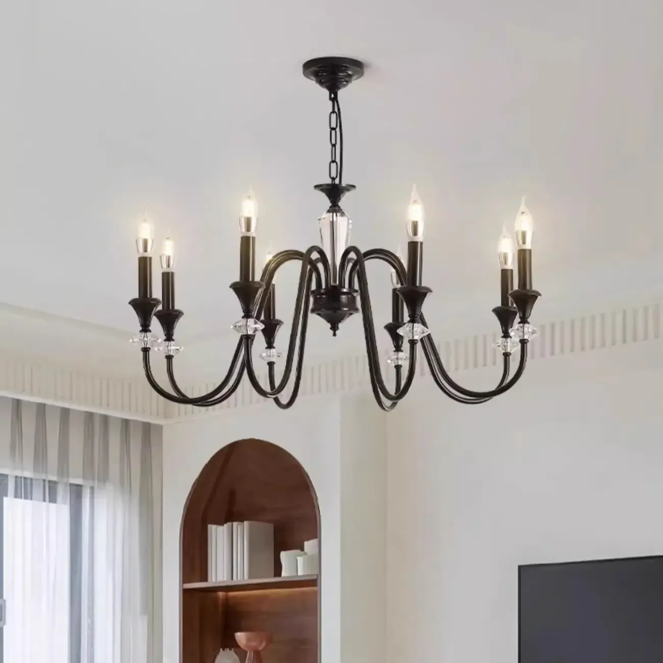 Vintage Black Metal Candlestick Crystal Chandelier