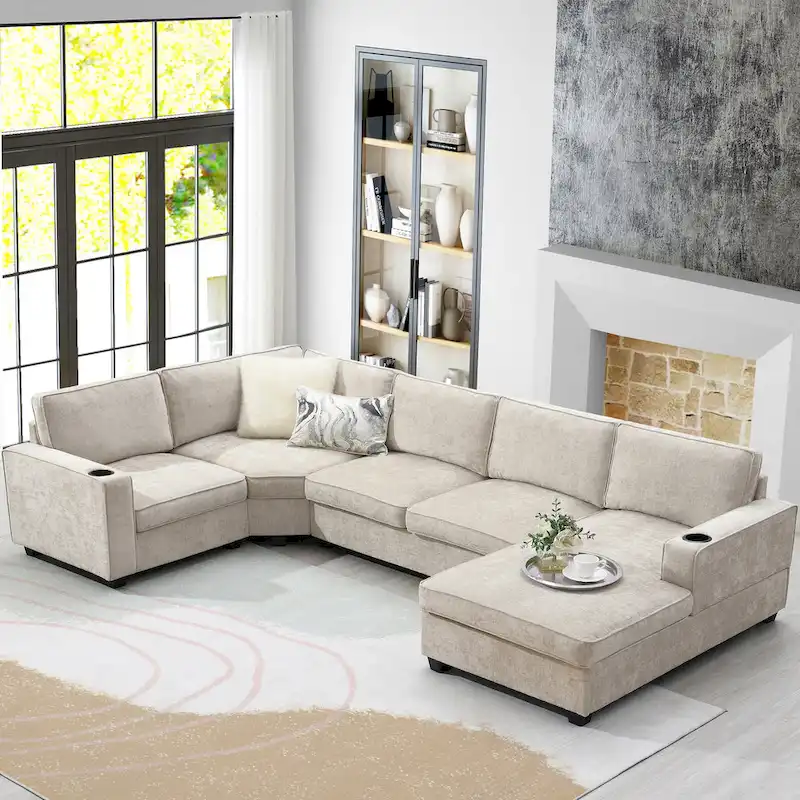U Shaped Sectional Sofa, Chenille Corner Couch Set with Cup Holders