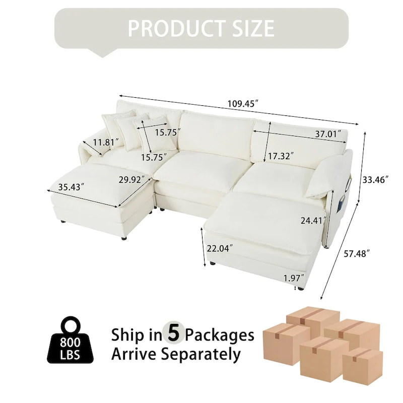 109.45 Chenille Upholstered U-Shaped Modular Sectional Sofa with Double-Layer Cushions, DIY Combination