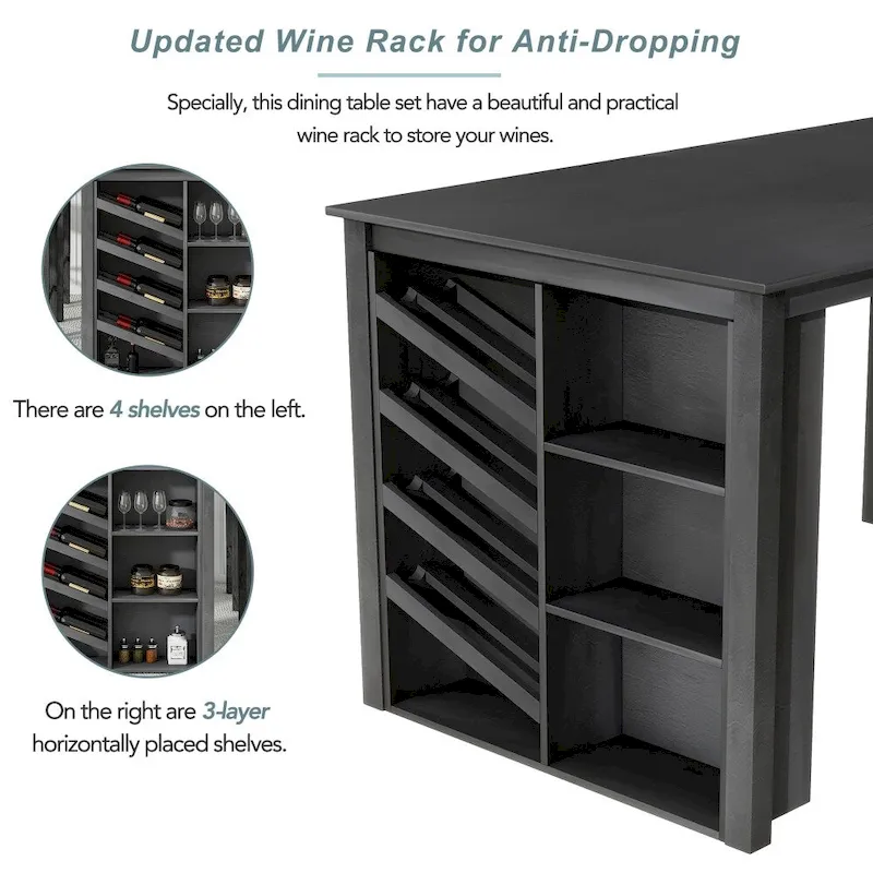 Counter Height 5-Piece Dining Set with Wine Rack, 4 Upholstered Chairs