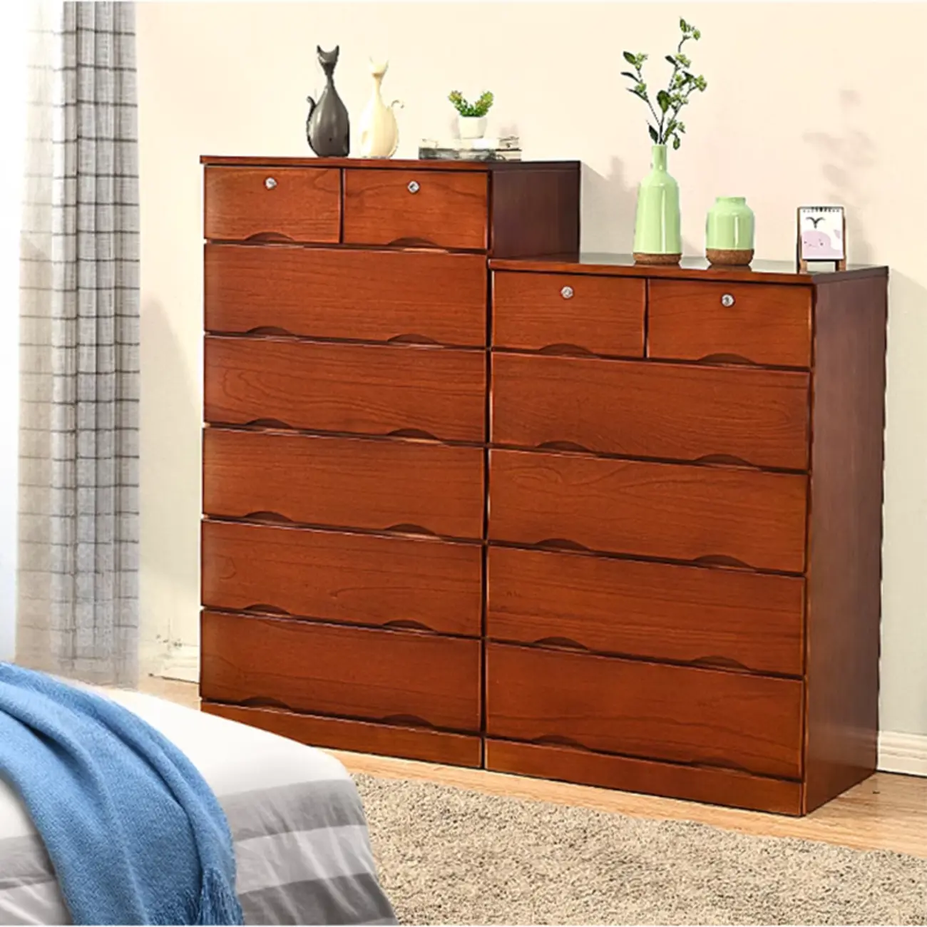Natural Wood Double Dresser with Lockable Drawer