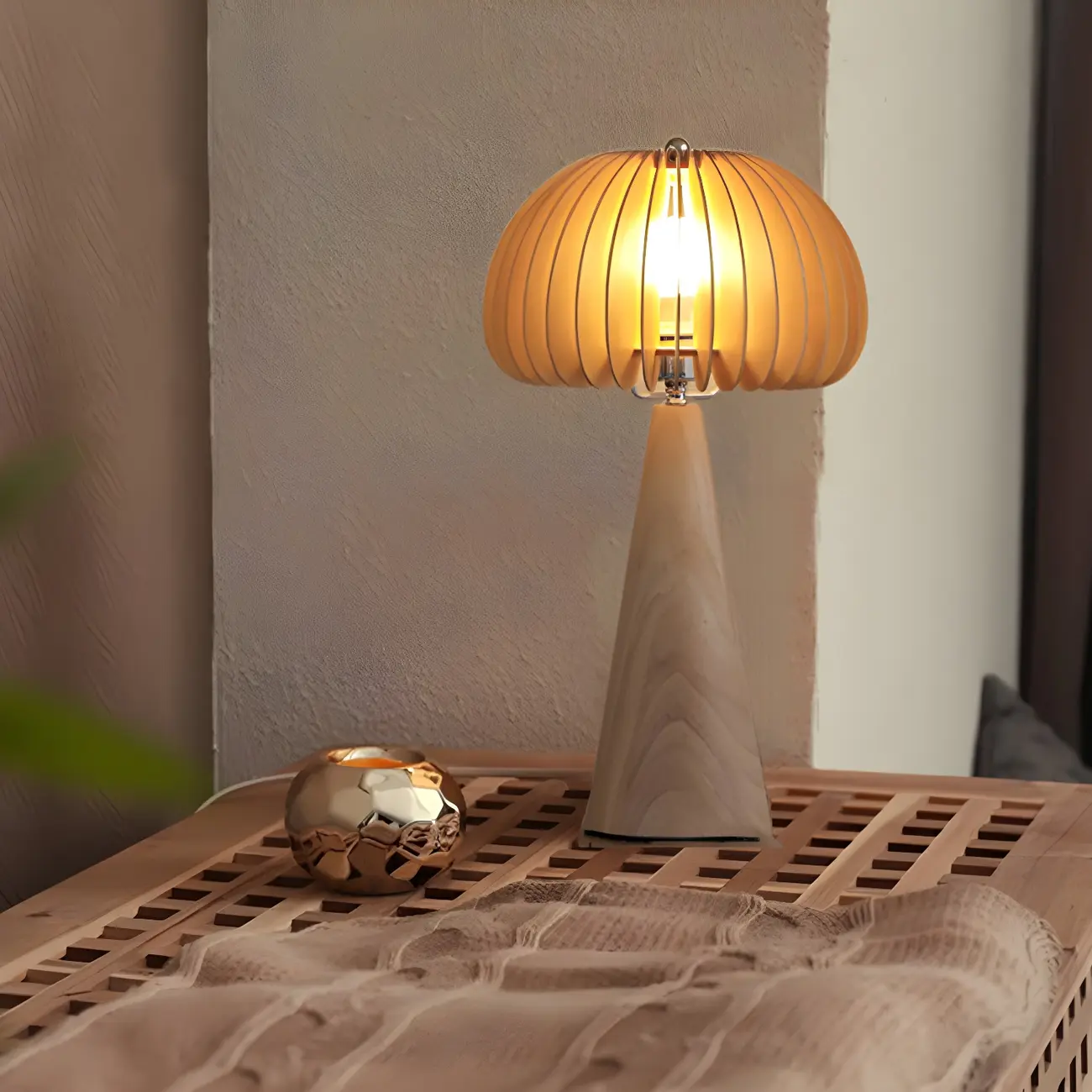 Art Deco Yellow Wooden Mushroom-Shaped LED Table Lamp