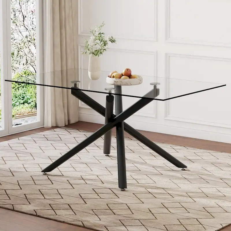 Rectangular Glass Dining Table with Black Metal Legs - 6-8 Person