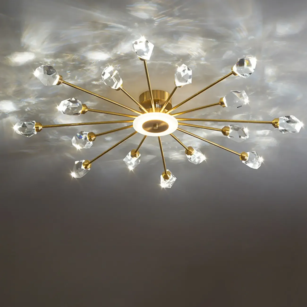 Gold Sputnik Crystal Semi Flush Dimmable LED Ceiling Light