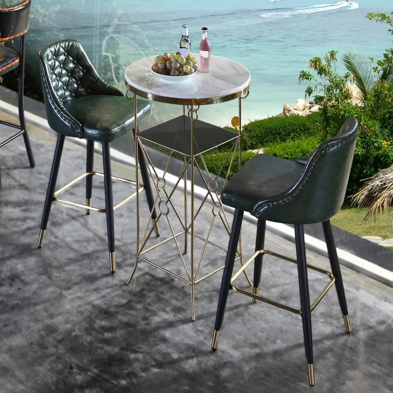 Glam Tufted Green Leather Seat Curved Back Counter Bar Stools