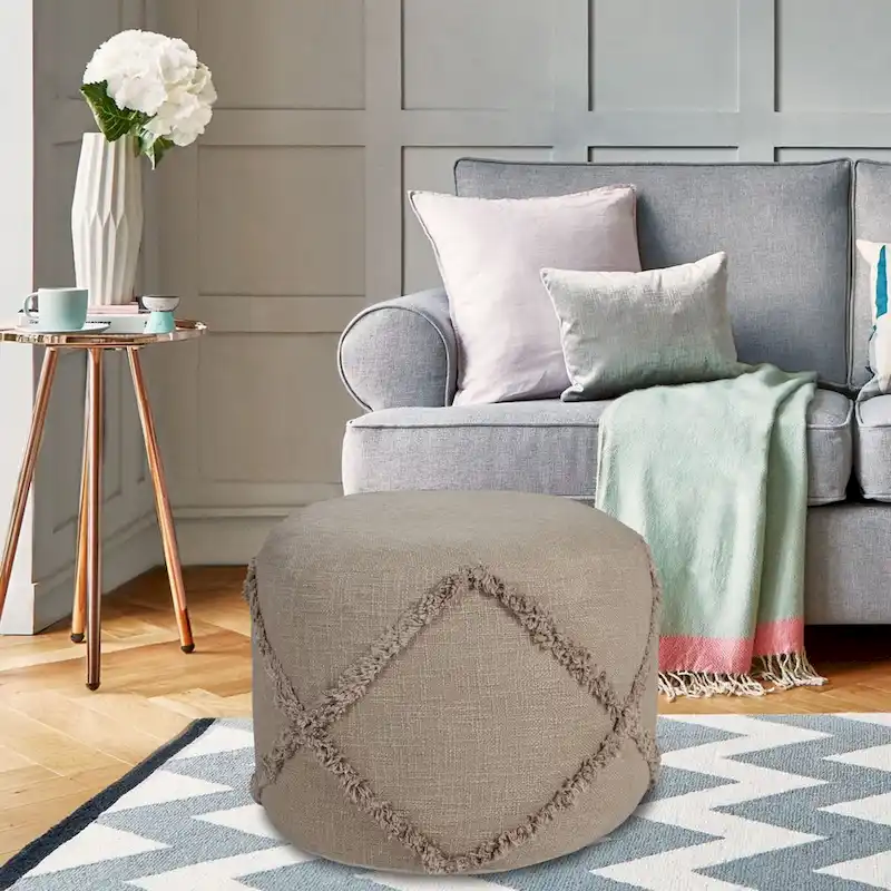 18 Brown Solid Texture Diamond Round Pouf Ottoman