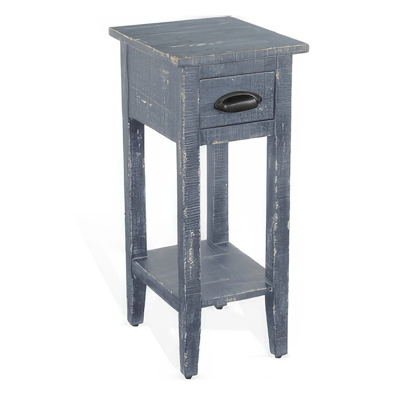 Rena Chairside Table with Drawer and Shelf, 14 Inch Blue Mahogany Wood