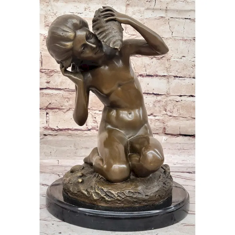 Young Girl Holding A Conch Shell - Bronze Sculpture Figure On Marble Base By Carpeaux