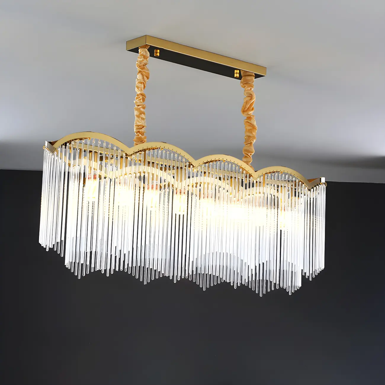 Gold Fluted Crystal Chain Chandelier for Dining Room