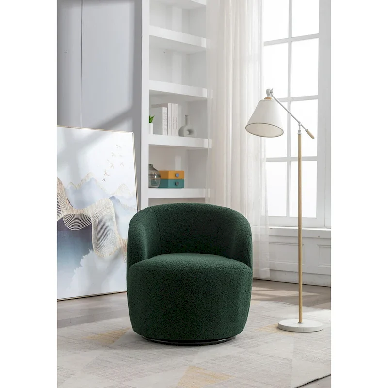 Swivel Accent Armchair Teddy Fabric Upholstered Barrel Chair with Black Point Round Swivel Metal Base