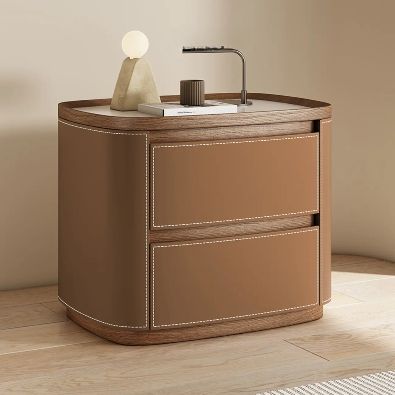 Trendy Low Tray-Top 2 Layer Solid Wood Nightstand