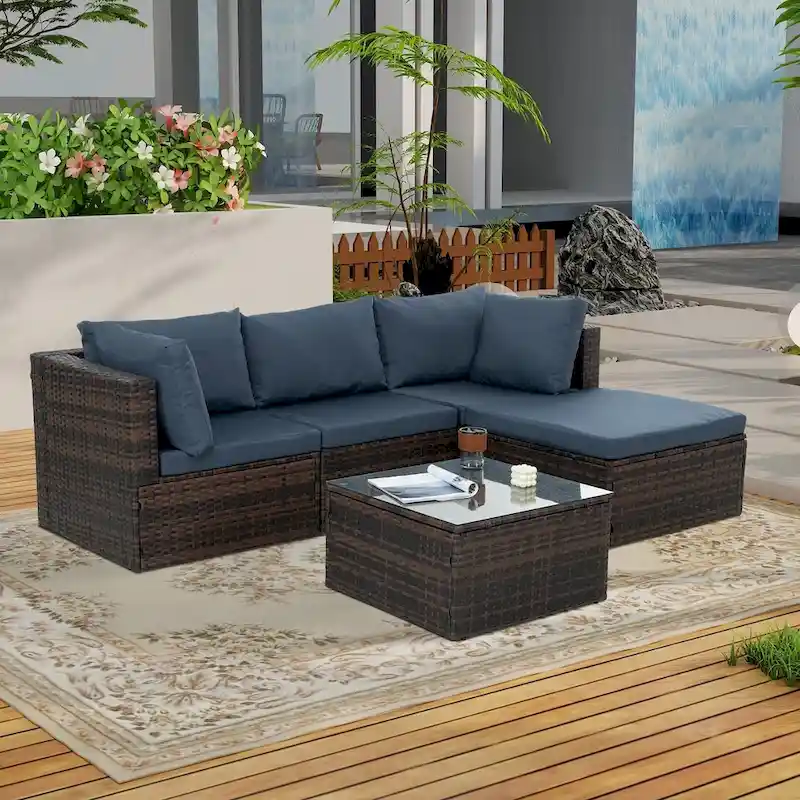 5-Piece PE Rattan Wicker Patio Conversation Set with Cushions