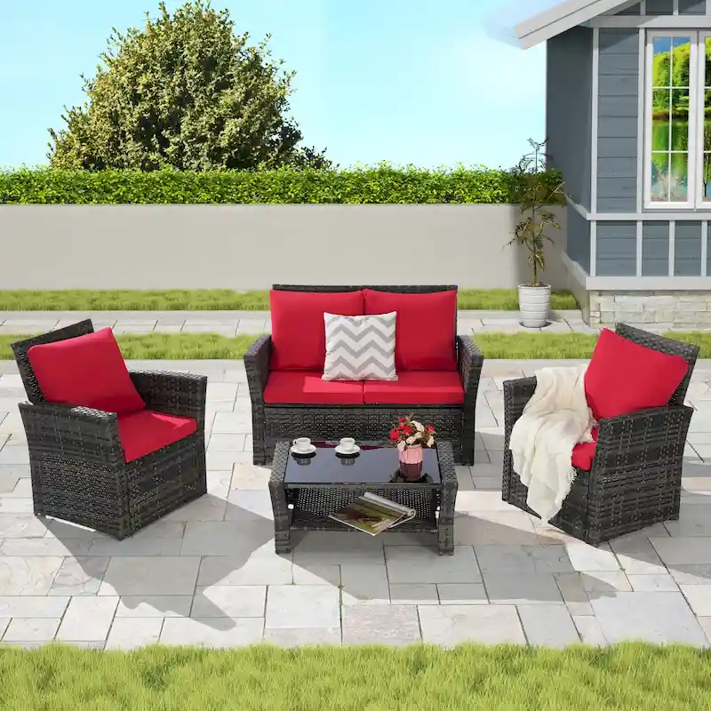 4-Piece Rattan Conversation Sofa Set with Glass Table