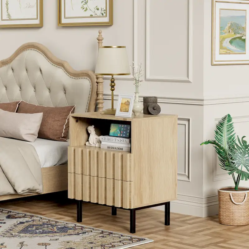 Mid Century Nightstand 2 Drawers & Storage Space Accent End Table Bedside Table