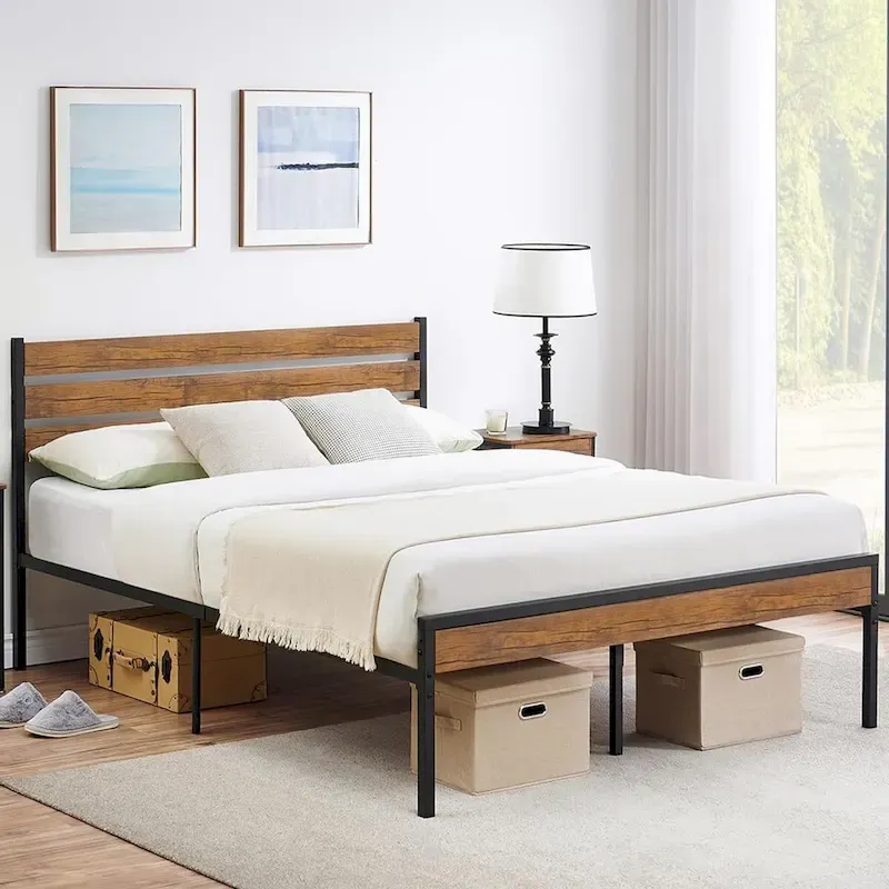 Bed Frame with Wood Headboard, Noise-Free