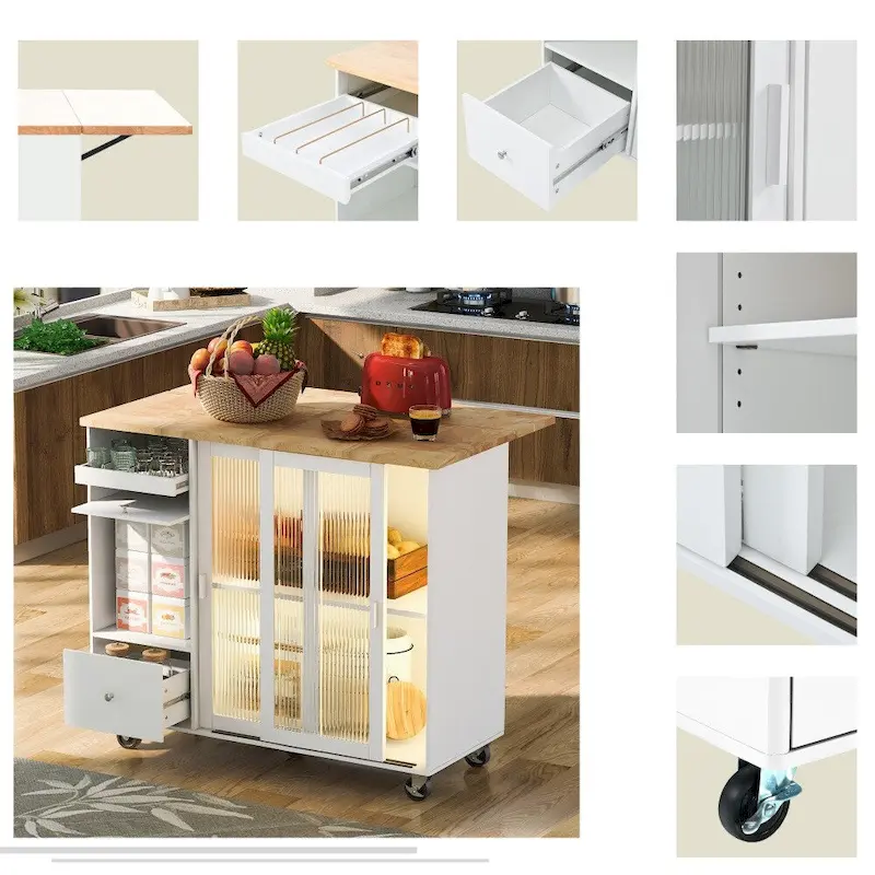 LED Light Kitchen Cart with Drop Leaf and Adjustable Shelf