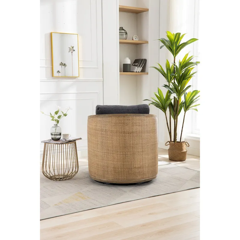 Swivel Barrel Chair, Comfy Round Accent Chair, 360 Degree Swivel Barrel Club Chair, Leisure Arm Chair with Rattan Woven Frame