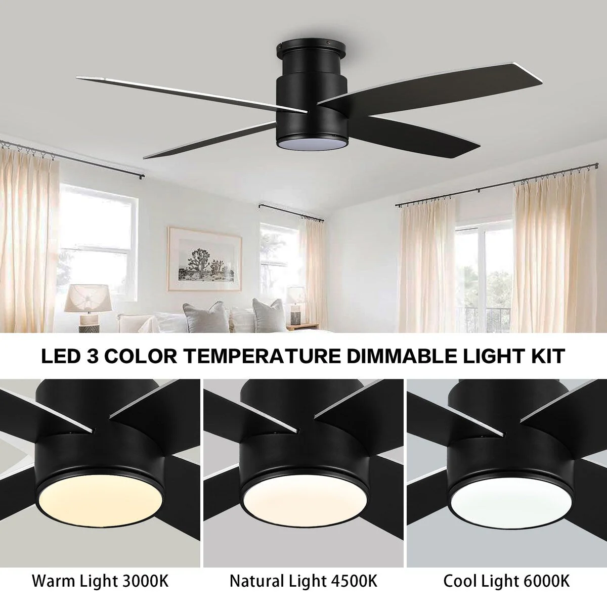 WINGBO 44/52 Inch Flush Mount DC Ceiling Fan with Lights and Remote, 4 Reversible Blades