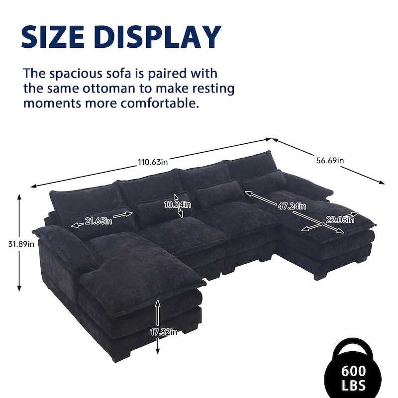 Chenille Upholstered U-Shaped Living Room Sectional Sofa With Wooden Legs