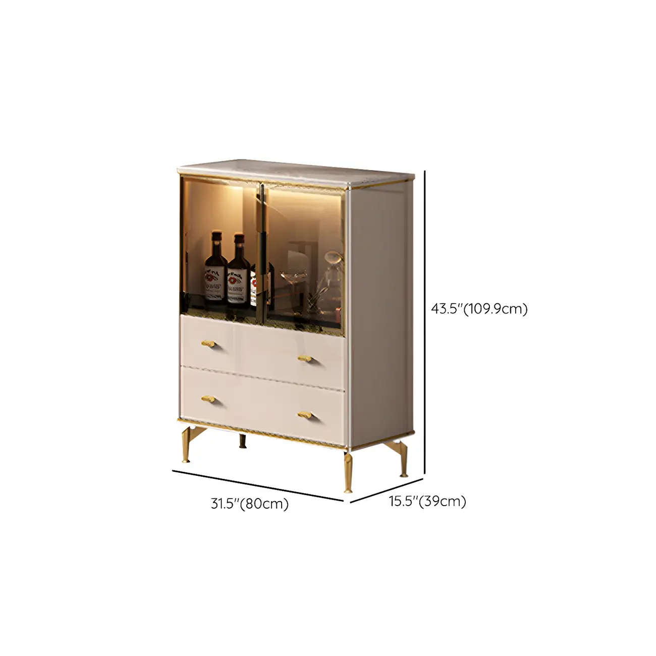 White Wood Gold Legs Adjustable Shelves Display Cabinet